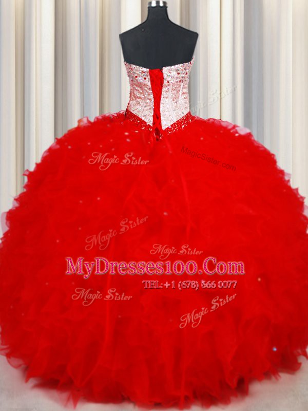 Red Ball Gowns Beading and Ruffles Quinceanera Dresses Lace Up Tulle Sleeveless Floor Length