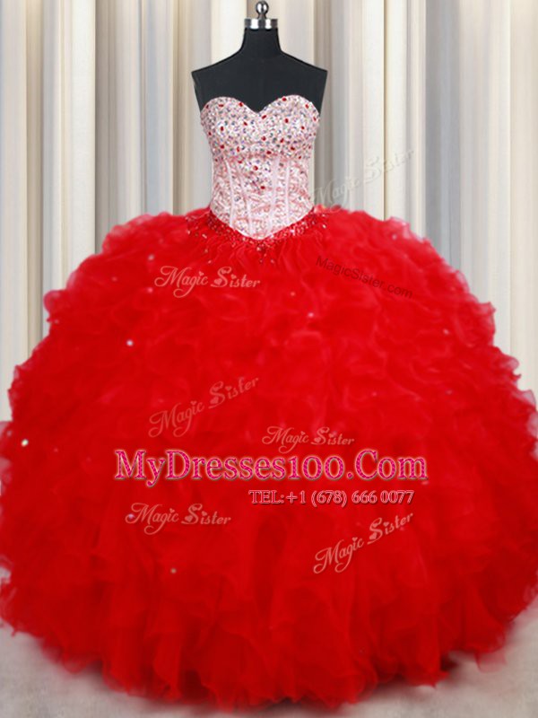 Red Ball Gowns Beading and Ruffles Quinceanera Dresses Lace Up Tulle Sleeveless Floor Length