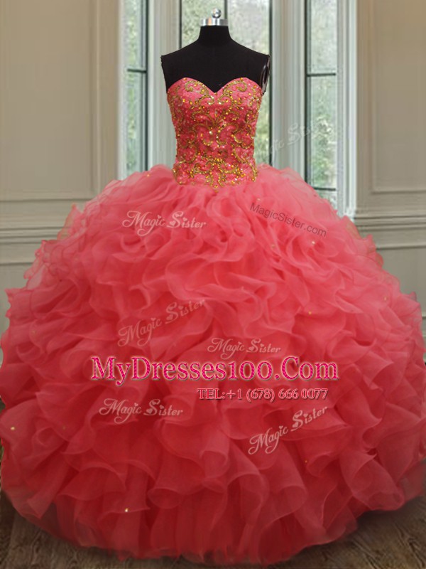 Wonderful Sweetheart Sleeveless Lace Up Sweet 16 Dresses Coral Red Organza