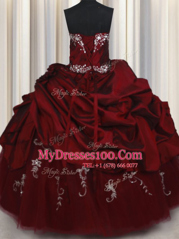 Pick Ups Strapless Sleeveless Lace Up Sweet 16 Dresses Wine Red Taffeta and Tulle