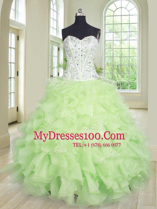 Yellow Green Sleeveless Floor Length Beading and Ruffles Lace Up Quinceanera Gown