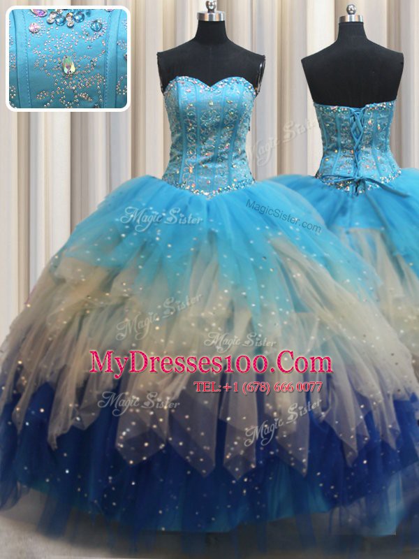 Top Selling Multi-color Tulle Lace Up Quinceanera Dress Sleeveless Floor Length Beading and Ruffles