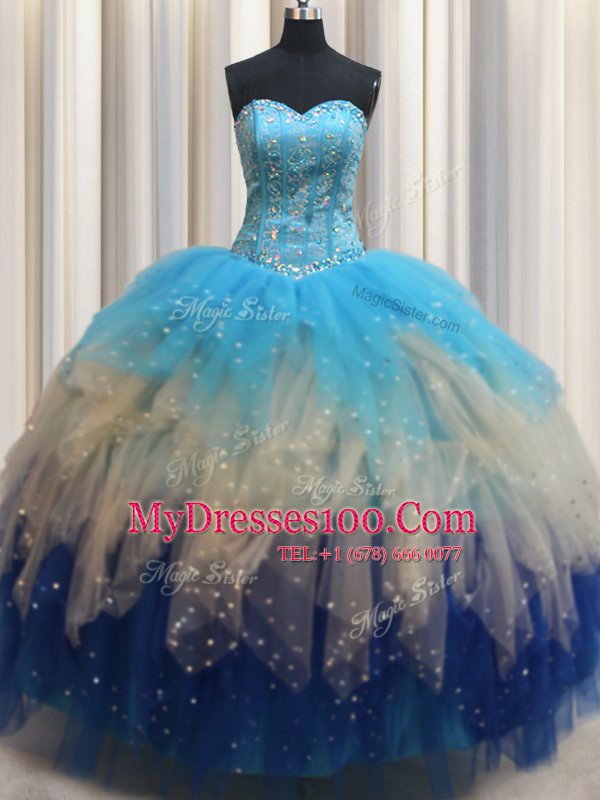 Top Selling Multi-color Tulle Lace Up Quinceanera Dress Sleeveless Floor Length Beading and Ruffles