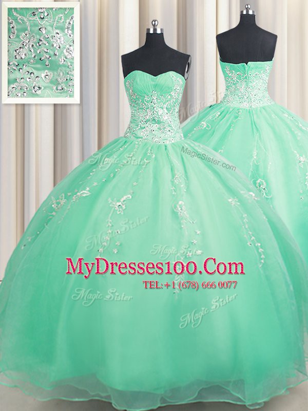 Turquoise 15 Quinceanera Dress Military Ball and Sweet 16 and Quinceanera and For with Beading and Appliques Sweetheart Sleeveless Zipper