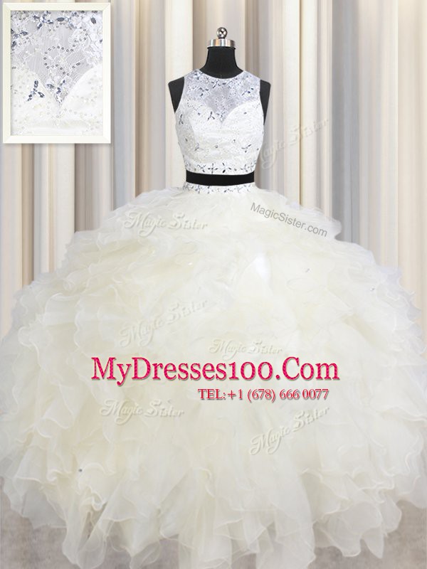 Spectacular Scoop Sleeveless Lace Up Quinceanera Gown Champagne Organza