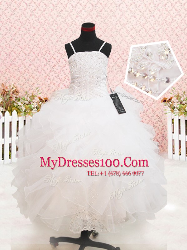 Smart Sleeveless Organza Floor Length Zipper Kids Pageant Dress in White with Beading and Lace and Ruffles