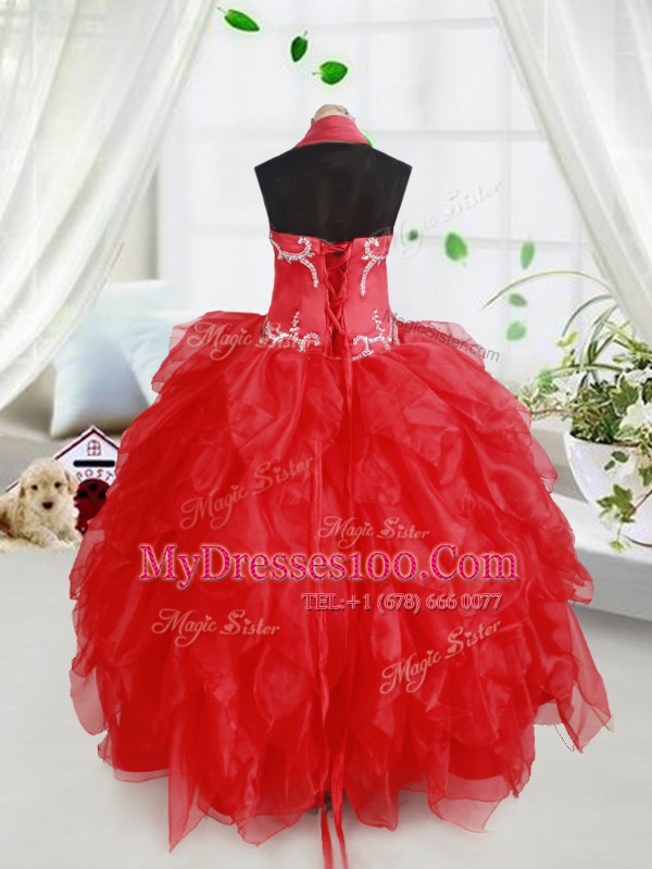 Red Ball Gowns Halter Top Sleeveless Organza Floor Length Lace Up Beading and Ruffles Child Pageant Dress