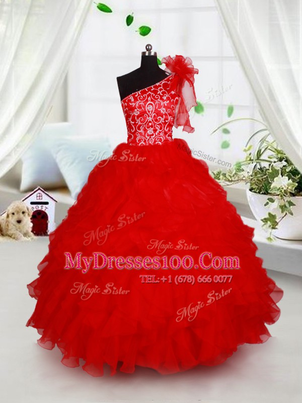 Red Little Girl Pageant Dress Quinceanera and Wedding Party and For with Beading and Ruffles and Hand Made Flower One Shoulder Sleeveless Lace Up