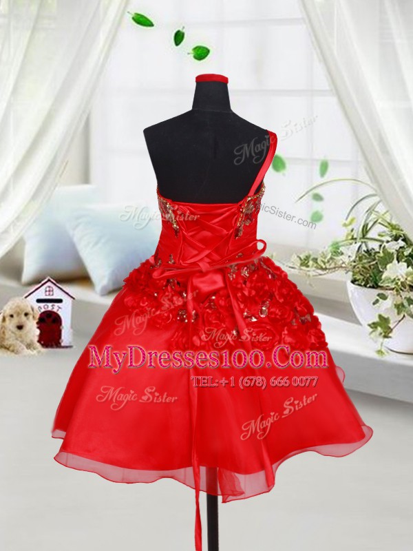 Organza One Shoulder Sleeveless Lace Up Sequins and Hand Made Flower Kids Pageant Dress in Red