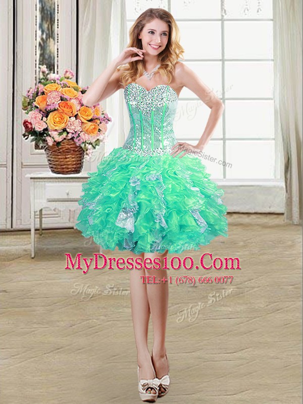 Fashionable Sweetheart Sleeveless Prom Party Dress Mini Length Beading and Ruffles and Sequins Turquoise Organza