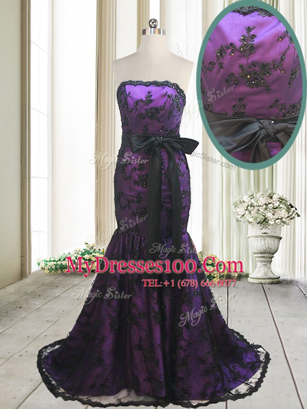 Attractive Mermaid Strapless Sleeveless Sweep Train Lace Up Prom Dress Purple Satin and Lace