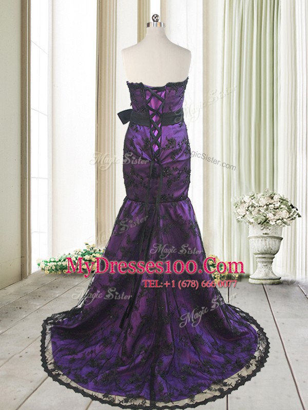 Attractive Mermaid Strapless Sleeveless Sweep Train Lace Up Prom Dress Purple Satin and Lace