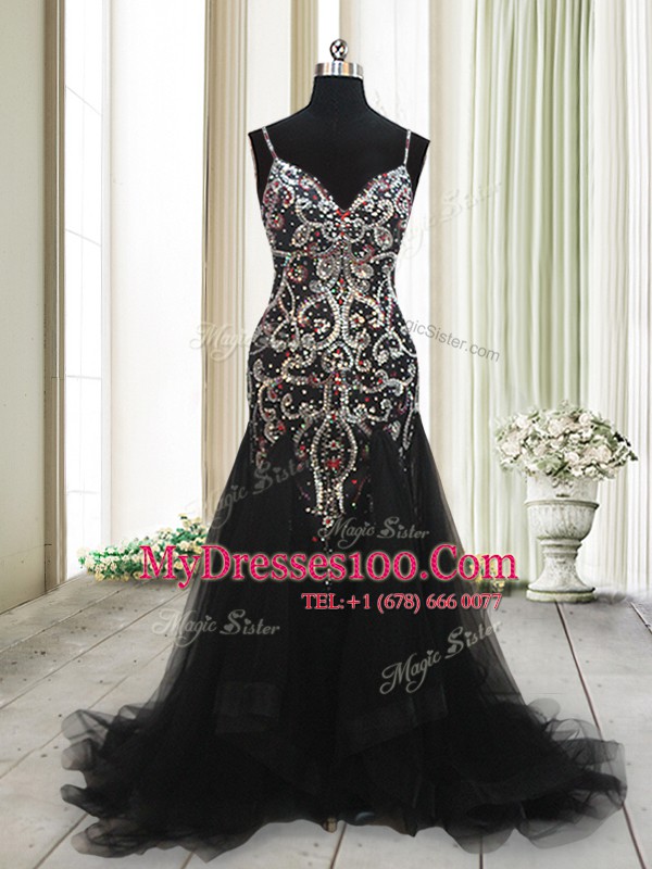 Black Mermaid Tulle Spaghetti Straps Sleeveless Beading and Appliques With Train Zipper Prom Dresses Brush Train