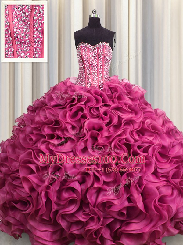 Decent Visible Boning Hot Pink Organza Lace Up Sweetheart Sleeveless Floor Length Sweet 16 Dresses Beading and Ruffles