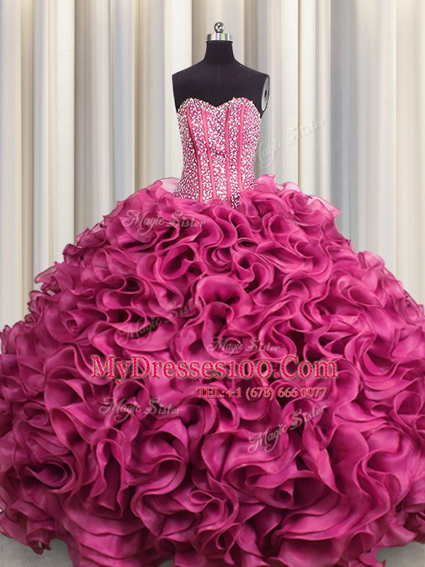 Decent Visible Boning Hot Pink Organza Lace Up Sweetheart Sleeveless Floor Length Sweet 16 Dresses Beading and Ruffles