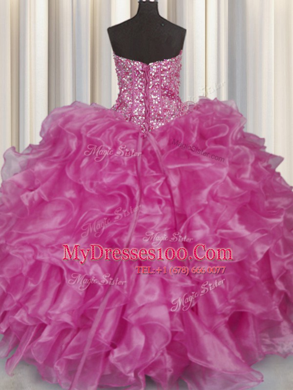 Visible Boning Fuchsia Organza Lace Up Strapless Sleeveless Floor Length Quinceanera Gowns Beading and Ruffles