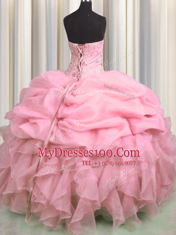 Visible Boning Sleeveless Lace Up Floor Length Beading and Ruffles and Pick Ups Quinceanera Gowns