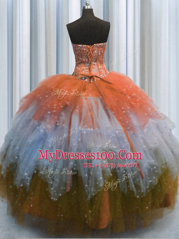 Top Selling Visible Boning Sweetheart Sleeveless Tulle Vestidos de Quinceanera Beading and Ruffles and Sequins Lace Up