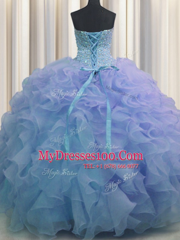 Gorgeous Blue Lace Up Sweetheart Beading and Ruffles 15 Quinceanera Dress Organza Sleeveless