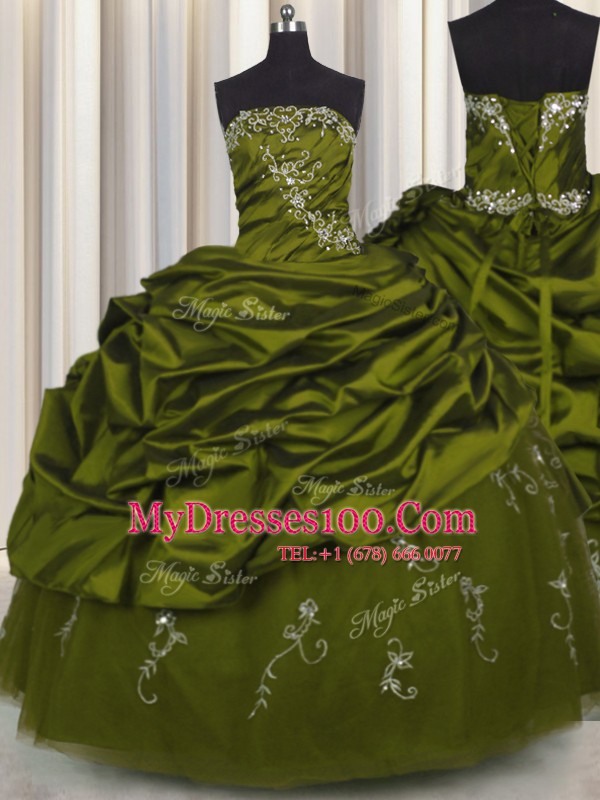 High Quality Embroidery Taffeta Strapless Sleeveless Lace Up Beading and Appliques and Pick Ups 15th Birthday Dress in Olive Green