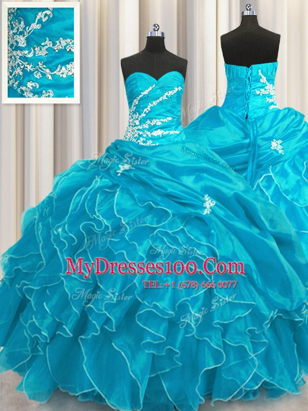 Excellent Aqua Blue Sleeveless Organza Lace Up 15 Quinceanera Dress for Military Ball and Sweet 16 and Quinceanera