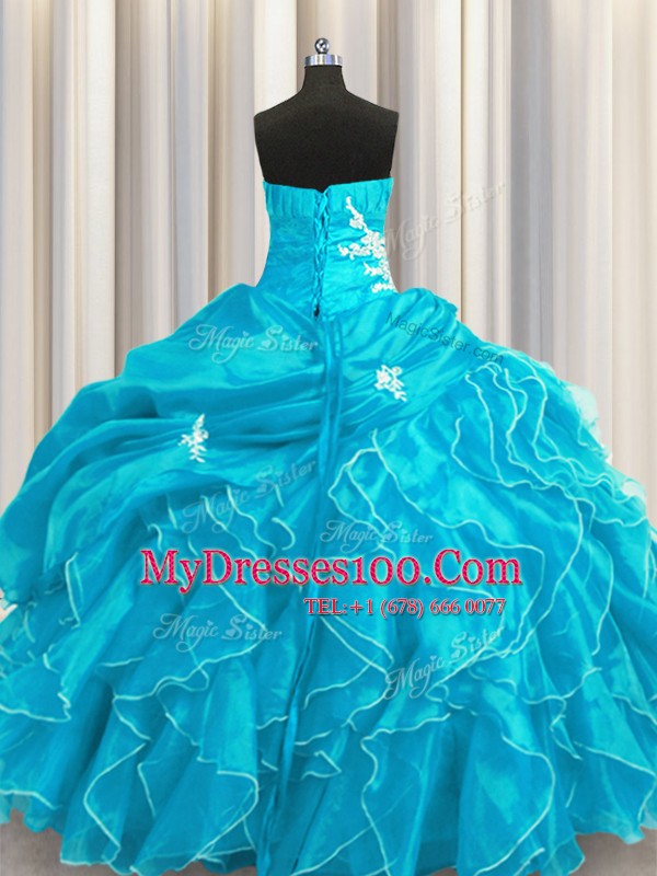 Excellent Aqua Blue Sleeveless Organza Lace Up 15 Quinceanera Dress for Military Ball and Sweet 16 and Quinceanera