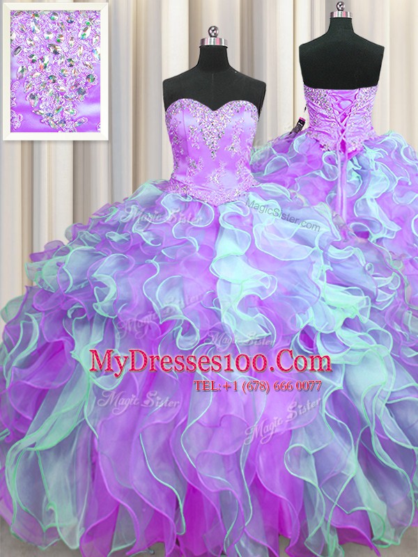 Hot Sale Multi-color Sweetheart Lace Up Beading and Appliques and Ruffles Quinceanera Dress Sleeveless