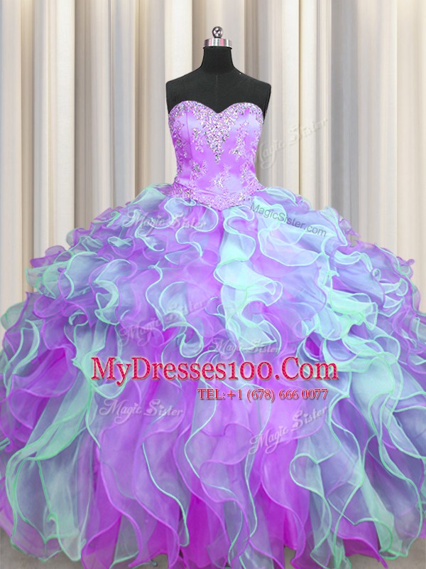 Hot Sale Multi-color Sweetheart Lace Up Beading and Appliques and Ruffles Quinceanera Dress Sleeveless