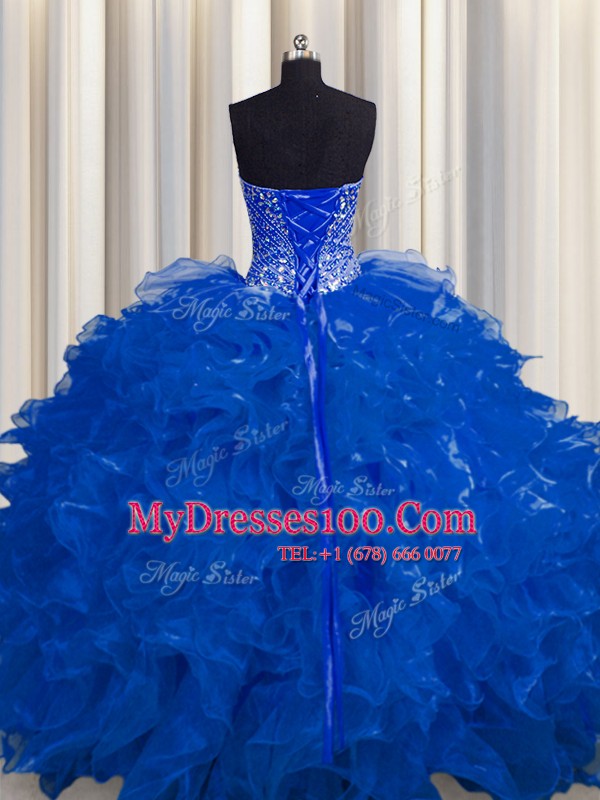 New Style See Through Ball Gowns Quinceanera Dress Royal Blue Sweetheart Organza Sleeveless Floor Length Lace Up