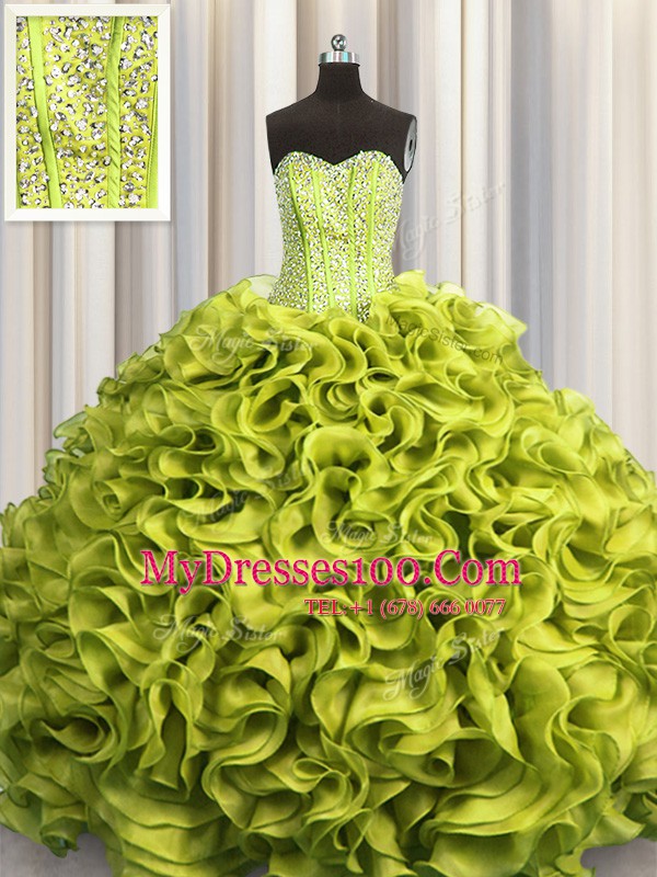 Visible Boning Sweetheart Sleeveless Organza Quinceanera Gowns Beading and Ruffles Lace Up