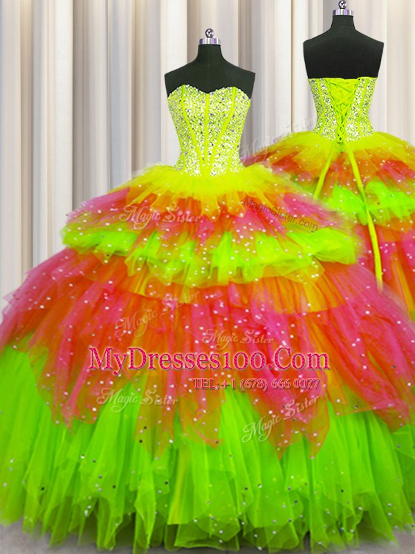 Bling-bling Visible Boning Multi-color Sleeveless Floor Length Beading and Ruffles and Ruffled Layers and Sequins Lace Up Sweet 16 Dress