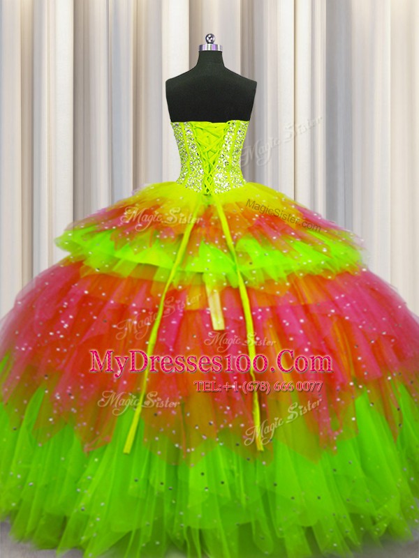 Bling-bling Visible Boning Multi-color Sleeveless Floor Length Beading and Ruffles and Ruffled Layers and Sequins Lace Up Sweet 16 Dress