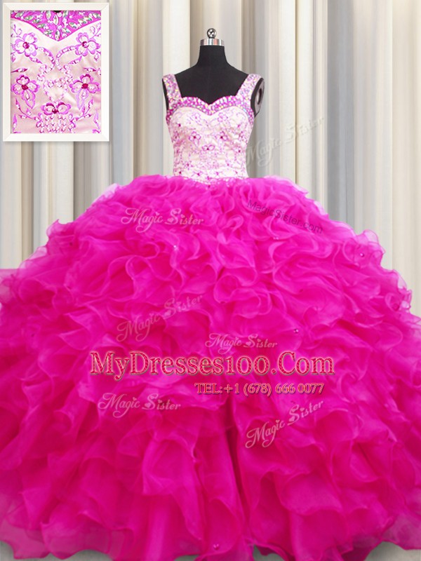 Organza Straps Sleeveless Lace Up Beading and Ruffles Quinceanera Gown in Fuchsia