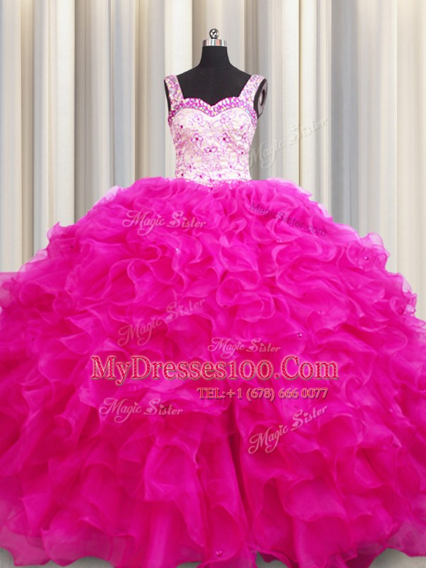 Organza Straps Sleeveless Lace Up Beading and Ruffles Quinceanera Gown in Fuchsia