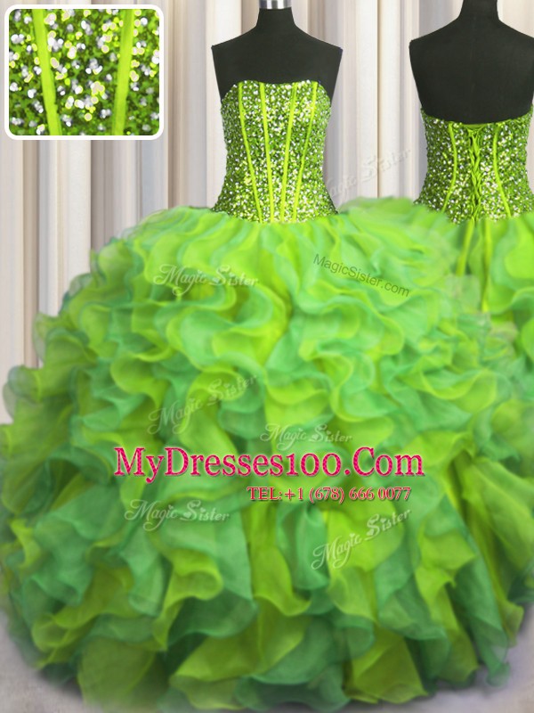 Visible Boning Beaded Bodice Sleeveless Floor Length Beading and Ruffles Lace Up Sweet 16 Dress with Multi-color