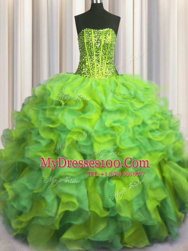 Visible Boning Beaded Bodice Sleeveless Floor Length Beading and Ruffles Lace Up Sweet 16 Dress with Multi-color