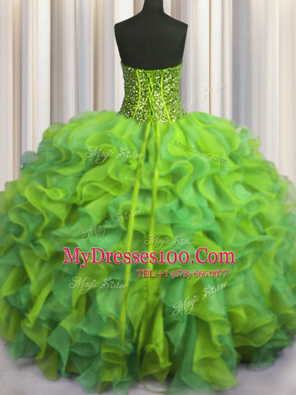 Visible Boning Beaded Bodice Sleeveless Floor Length Beading and Ruffles Lace Up Sweet 16 Dress with Multi-color