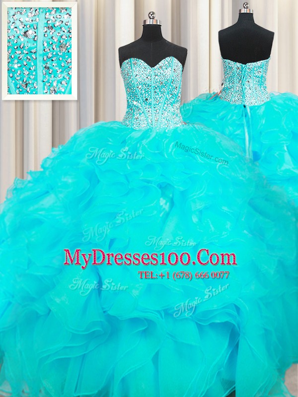 Visible Boning Beaded Bodice Ball Gowns Quinceanera Dresses Aqua Blue Sweetheart Organza Sleeveless Floor Length Lace Up