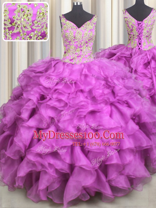 Fuchsia Organza Lace Up V-neck Sleeveless Floor Length 15th Birthday Dress Beading and Ruffles