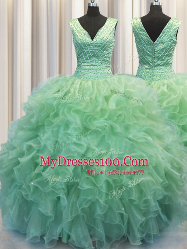 Chic Zipper Up Green Quinceanera Gowns Military Ball and Sweet 16 and Quinceanera and For with Beading and Ruffles V-neck Sleeveless Zipper