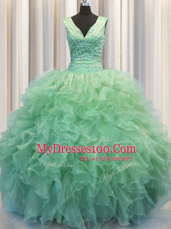 Chic Zipper Up Green Quinceanera Gowns Military Ball and Sweet 16 and Quinceanera and For with Beading and Ruffles V-neck Sleeveless Zipper