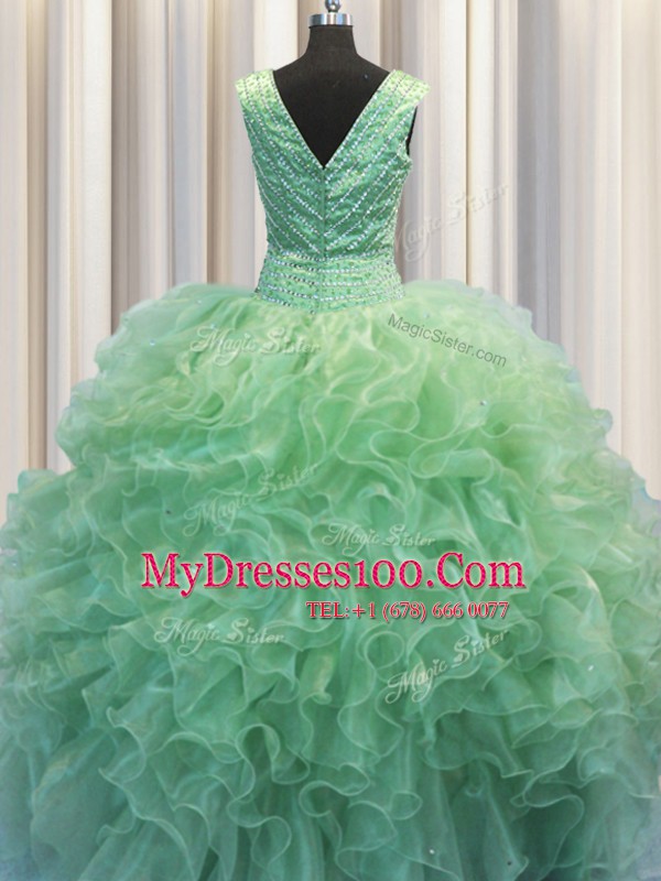 Chic Zipper Up Green Quinceanera Gowns Military Ball and Sweet 16 and Quinceanera and For with Beading and Ruffles V-neck Sleeveless Zipper