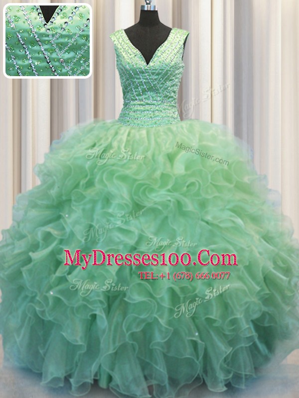 Chic Zipper Up Green Quinceanera Gowns Military Ball and Sweet 16 and Quinceanera and For with Beading and Ruffles V-neck Sleeveless Zipper