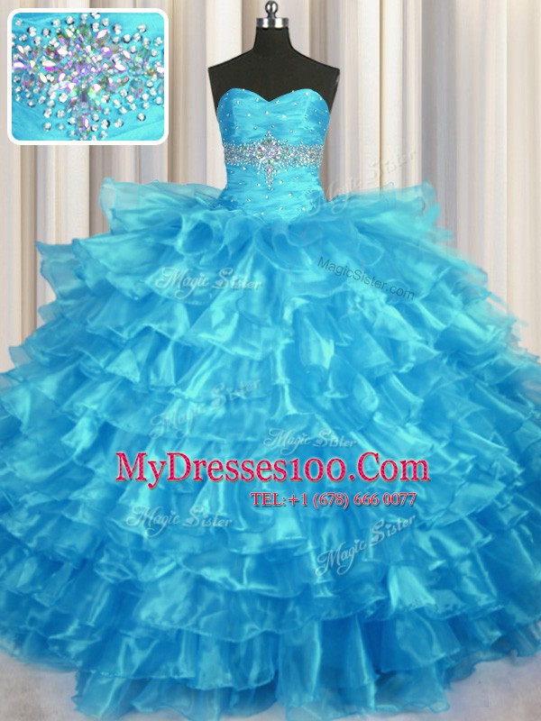 Dramatic Baby Blue Sleeveless Floor Length Beading and Ruffled Layers Lace Up Sweet 16 Quinceanera Dress