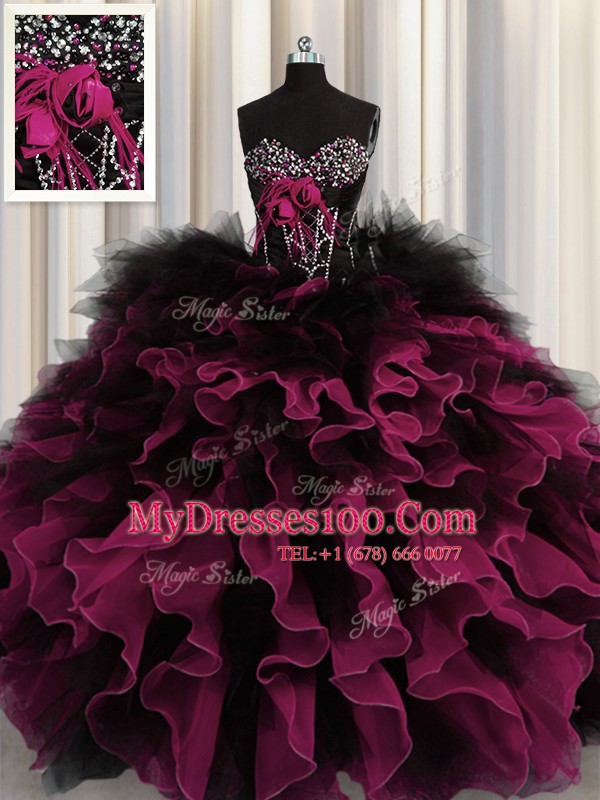 Gorgeous Red And Black Organza and Tulle Lace Up 15 Quinceanera Dress Sleeveless Floor Length Beading and Ruffles