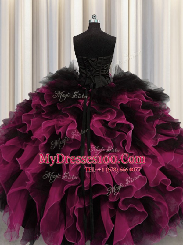 Gorgeous Red And Black Organza and Tulle Lace Up 15 Quinceanera Dress Sleeveless Floor Length Beading and Ruffles