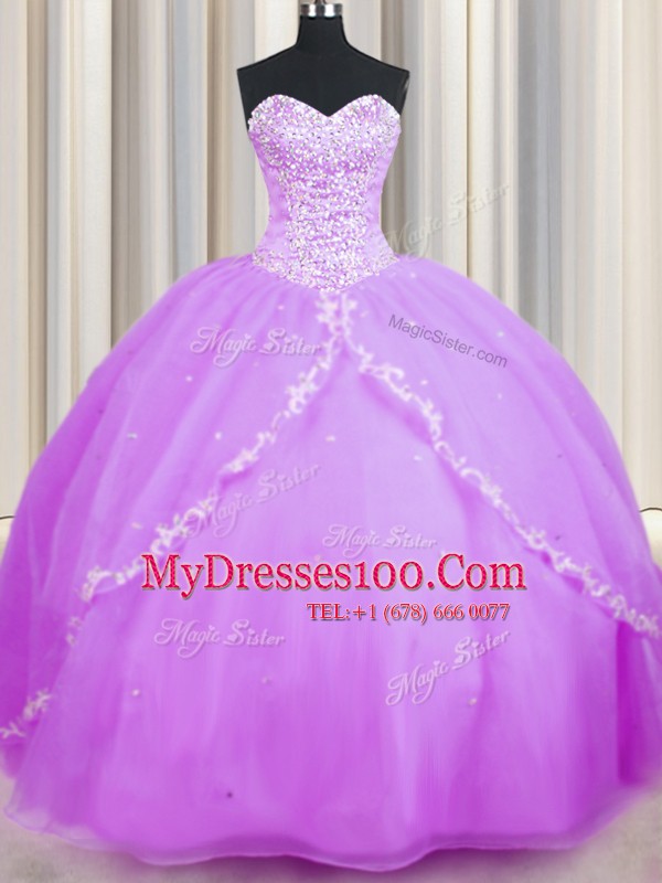 Dynamic Lilac Ball Gowns Sweetheart Sleeveless Organza With Brush Train Lace Up Beading and Appliques 15 Quinceanera Dress