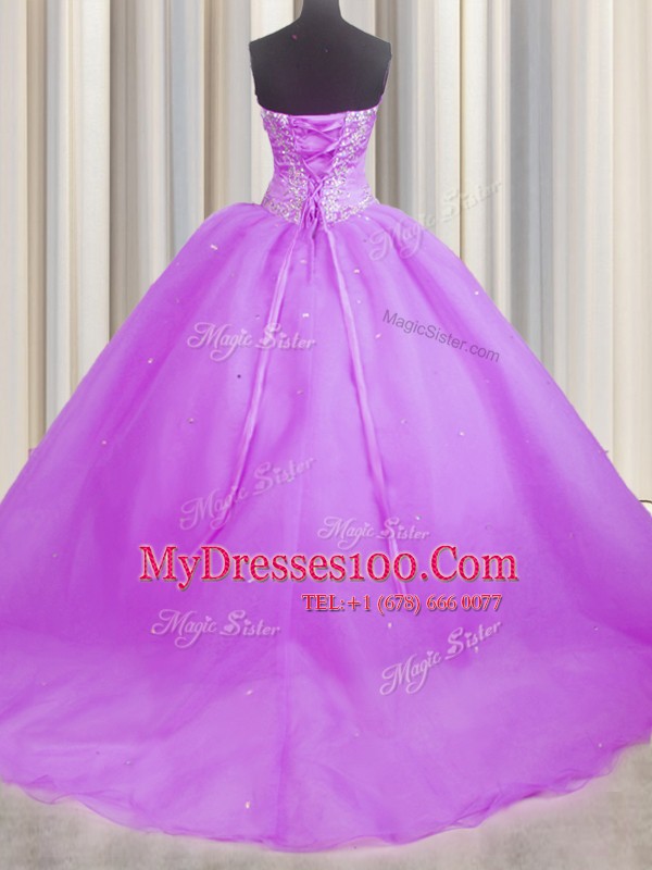 Dynamic Lilac Ball Gowns Sweetheart Sleeveless Organza With Brush Train Lace Up Beading and Appliques 15 Quinceanera Dress