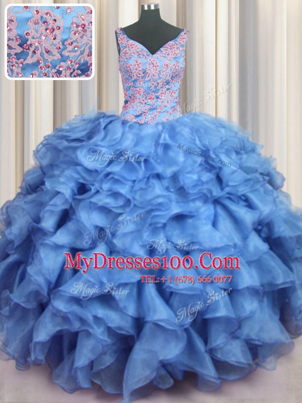 Ruffled V Neck Floor Length Ball Gowns Sleeveless Baby Blue Vestidos de Quinceanera Lace Up