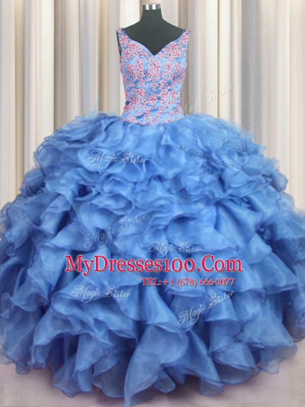 Ruffled V Neck Floor Length Ball Gowns Sleeveless Baby Blue Vestidos de Quinceanera Lace Up